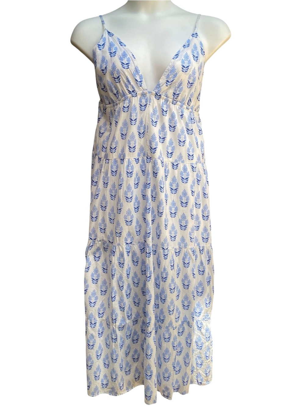 Japna NWT Blue White Floral Tiered Cotton Maxi Dress Womens Size XL V Neck Boho